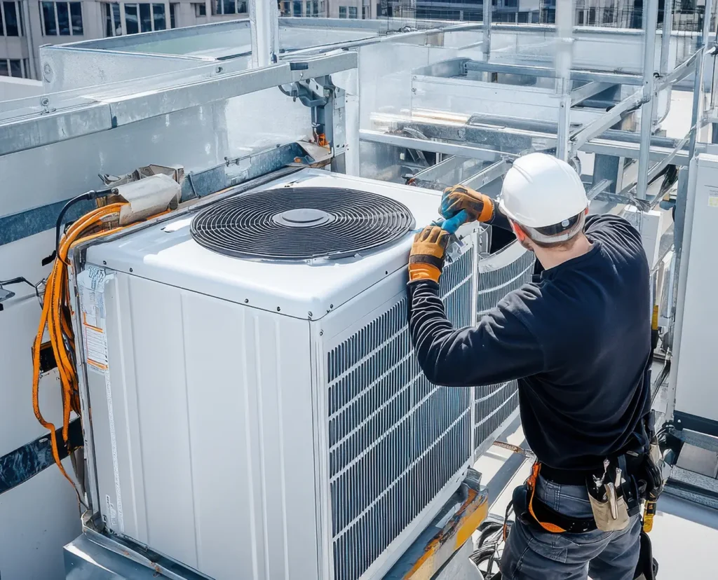 Premier Heating & Air HVAC Technician working on HVAC unit on top of commercial building in springfield il