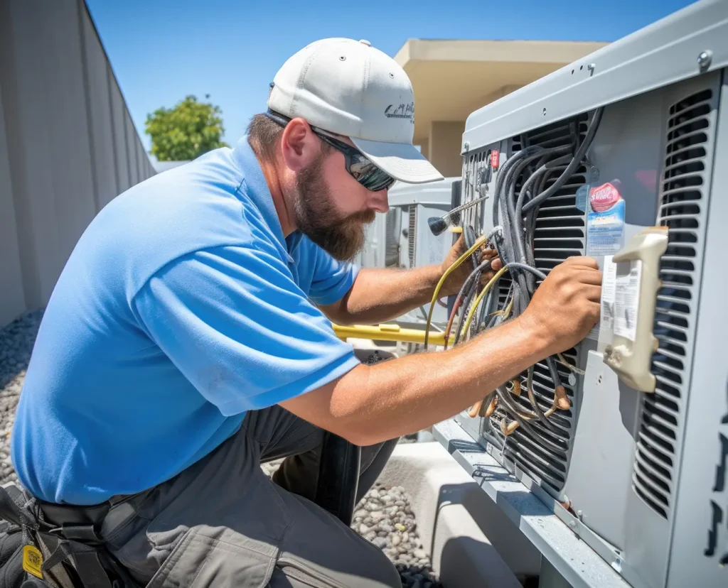 Premier Heating & Air HVAC Technician Working on emergency air conditioning repair services springfield il