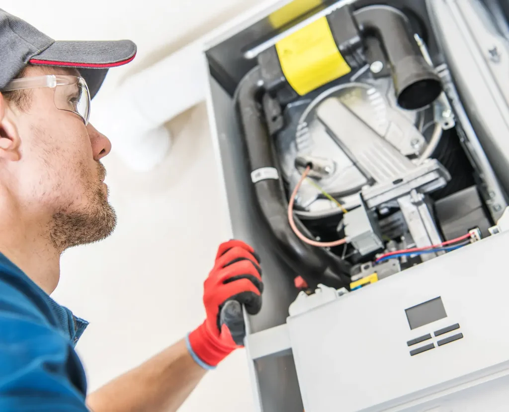 Premier Heating & Air HVAC Technician inspecting furnace for Comfort & Efficiency in springfield il