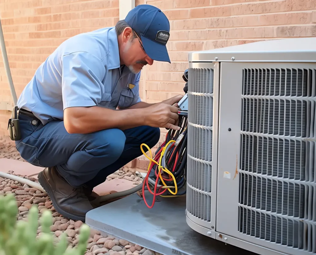Premier Heating & Air HVAC Technician working on air conditioning maintenance in springfield il