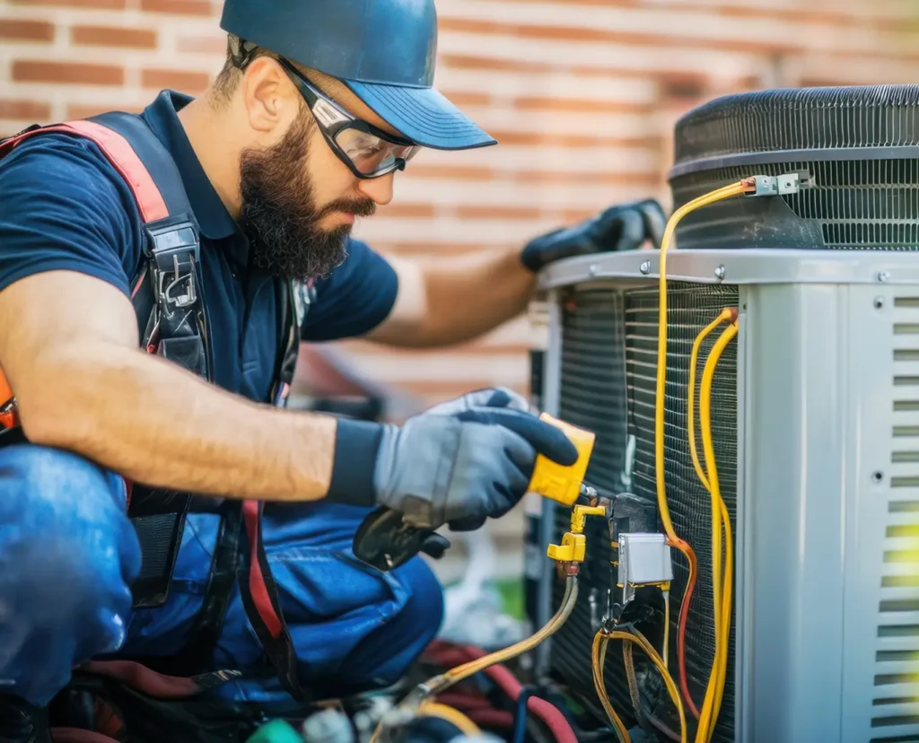 Premier Heating & Air HVAC Technician performing maintenance on air conditioning unit in springfield il